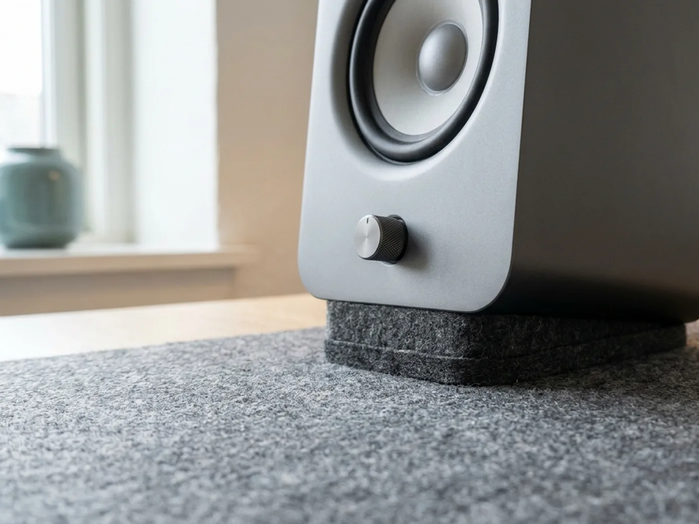 An A1 cabinet on its isolation pads on the felt desk mat
